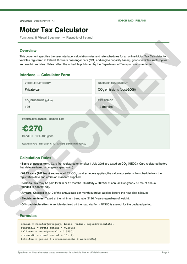 Irish Motor Tax Calculator